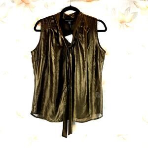 Apostrophe Top Women’s Brown Sheer Front Tie Button Up Band Collar V NeckNew